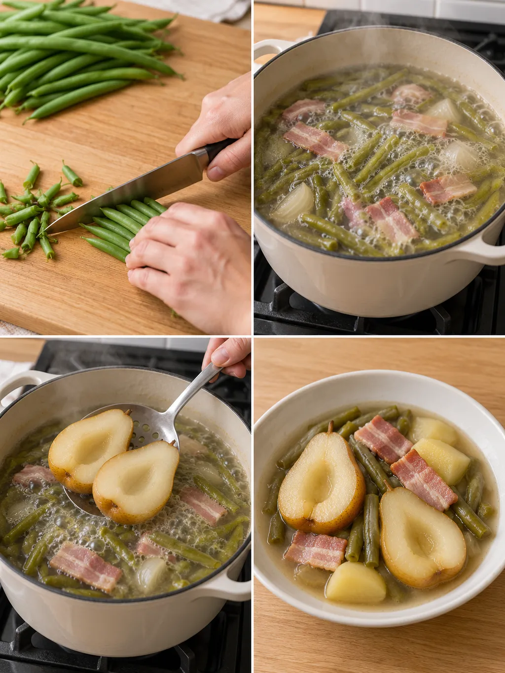 Bohnen vorbereiten, im Specksud kochen, Birnen zugeben und das fertige Gericht servieren