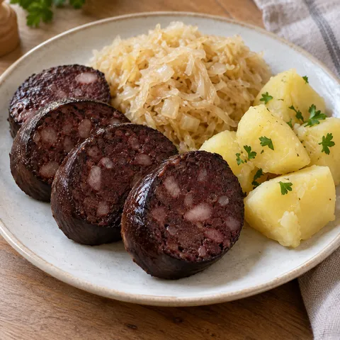 Gebratene Blutwurst mit Sauerkraut und Salzkartoffeln mit Petersilie