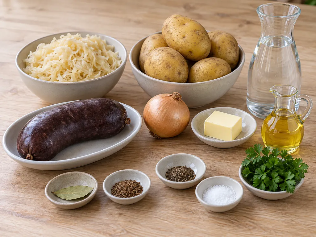 Blutwurst, Sauerkraut, Kartoffeln, Zwiebel, Butter und Gewürze für vier Portionen