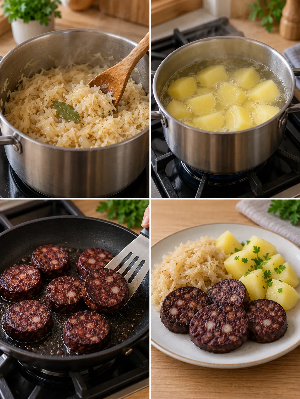 Sauerkraut schmoren, Kartoffeln kochen, Blutwurst braten und das fertige Gericht