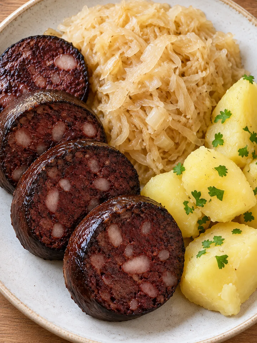 Blutwurstscheiben mit hellem Sauerkraut und Petersilienkartoffeln auf einem Teller