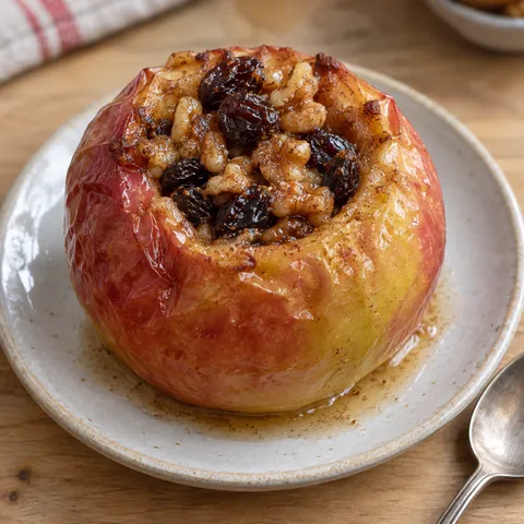 Bratapfel mit gebräunter Walnuss-Rosinen-Füllung und etwas Backsaft