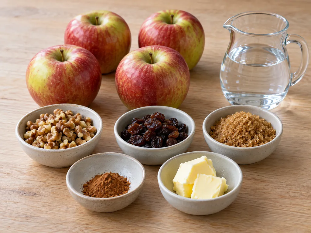 Vier Äpfel mit Walnüssen, Rosinen, Zucker, Zimt, Butter und Wasser
