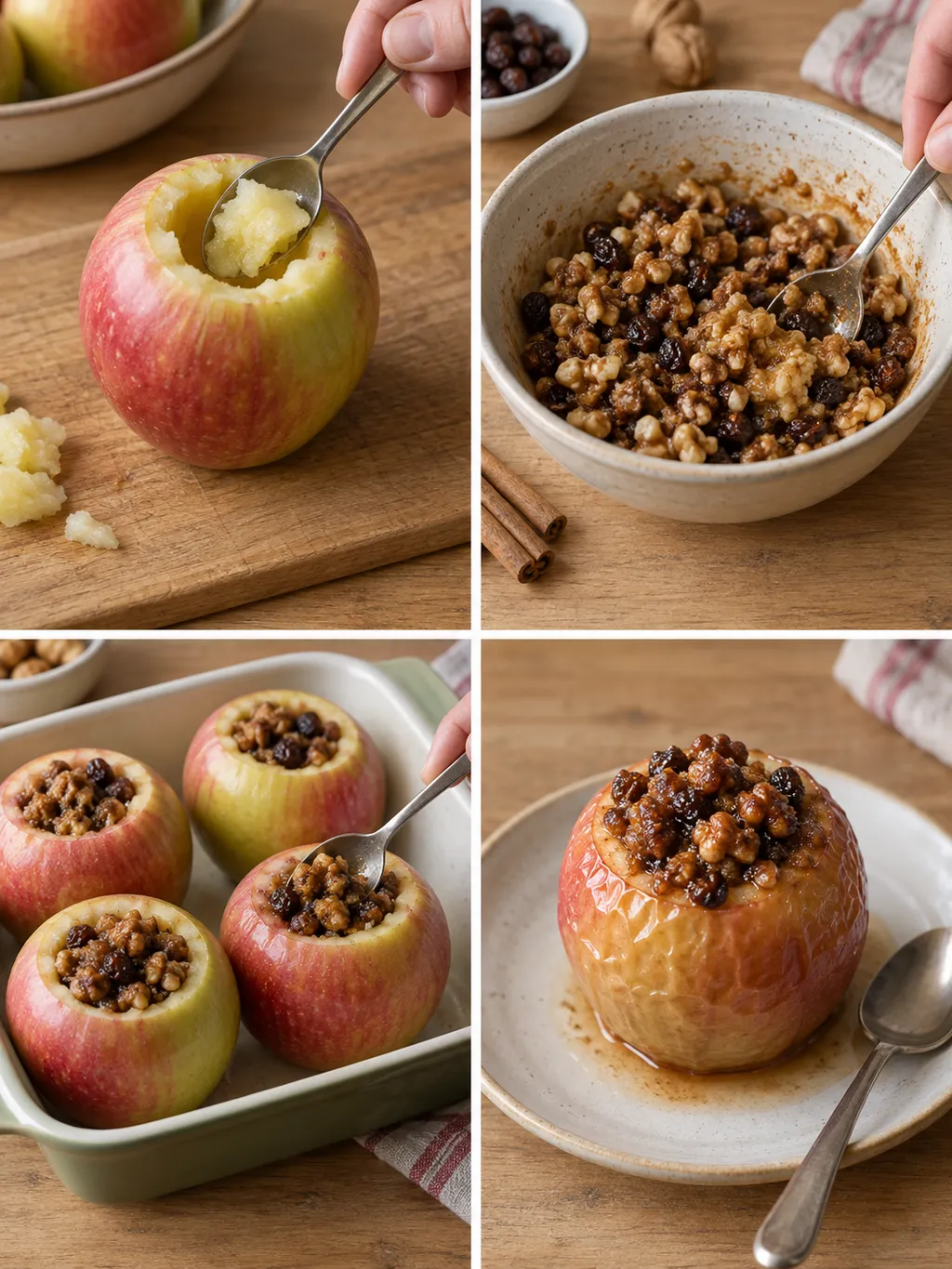 Äpfel aushöhlen, Walnussfüllung mischen, Äpfel füllen und gebacken servieren