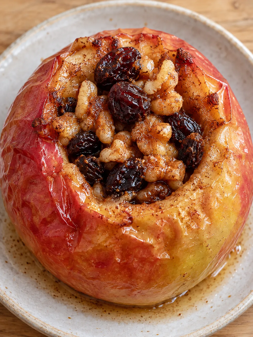 Bratapfel mit saftigen Rosinen und gebräunten Walnussstücken auf hellem Teller