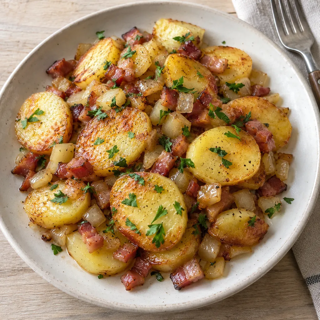 Goldgelbe Bratkartoffeln mit Speck, Zwiebeln und Petersilie auf einem hellen Teller