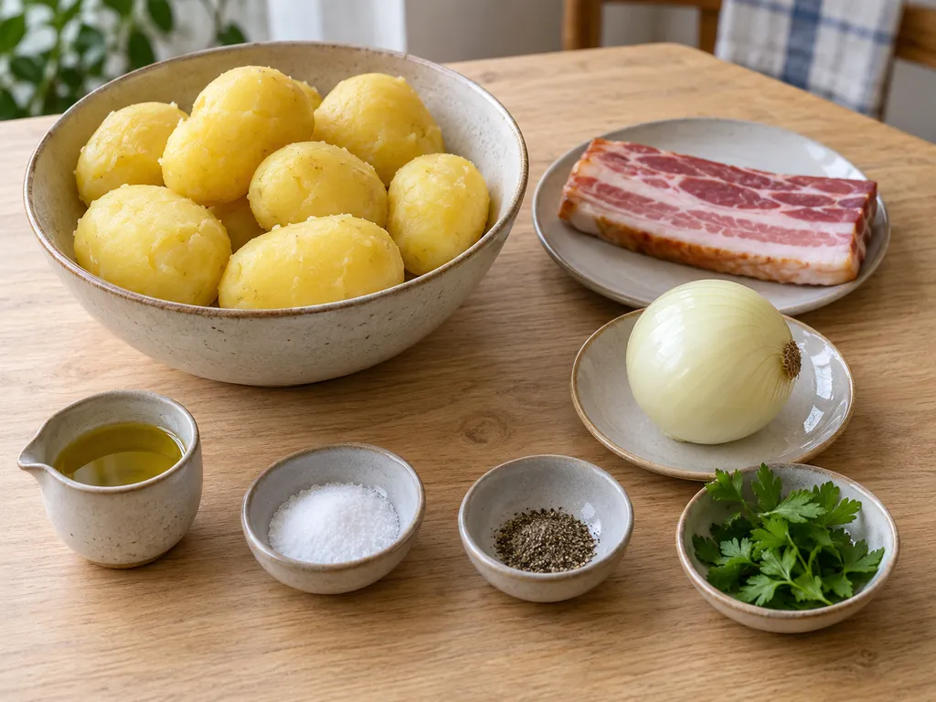 Gekochte Kartoffeln, Speck, Zwiebel, Rapsöl, Salz, Pfeffer und Petersilie