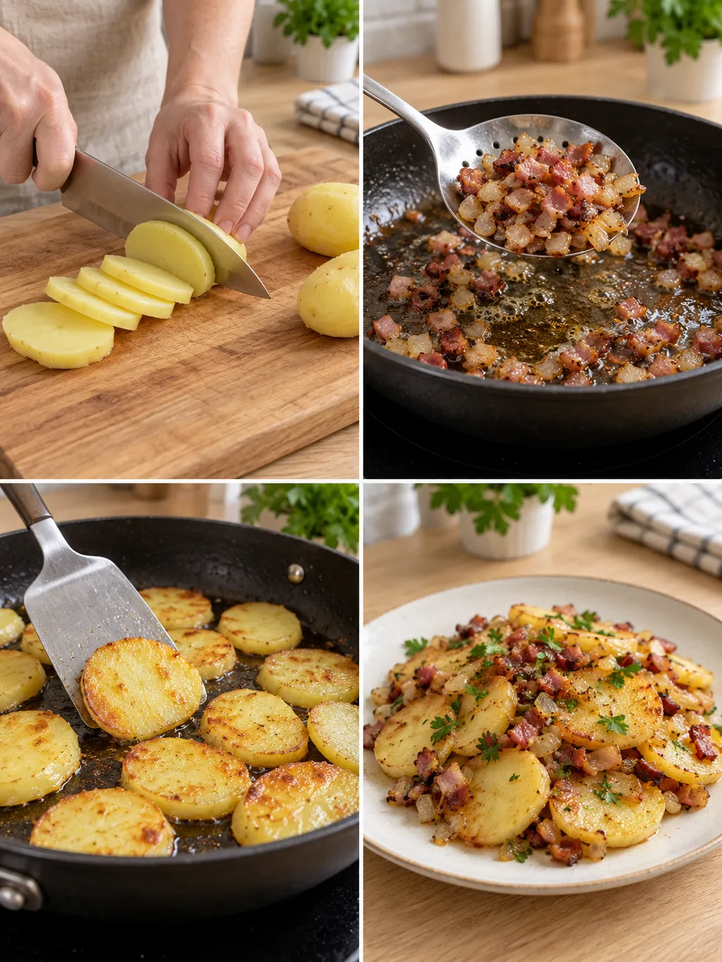 Kartoffeln schneiden, Speck und Zwiebeln herausheben, Scheiben braten und fertig servieren