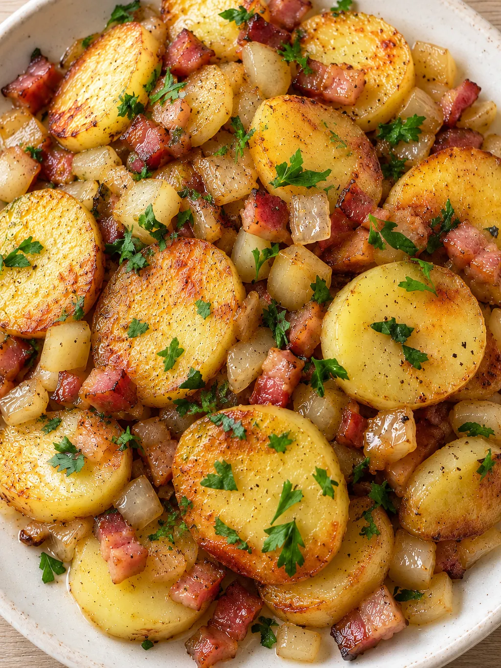 Bratkartoffeln mit goldgelben Flächen, kleinen Speckwürfeln, Zwiebeln und Petersilie