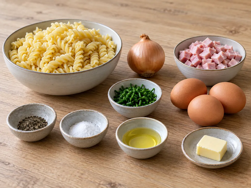 Spiralnudeln, Kochschinken, drei Eier, Zwiebel, Schnittlauch, Butter, Öl, Salz und Pfeffer