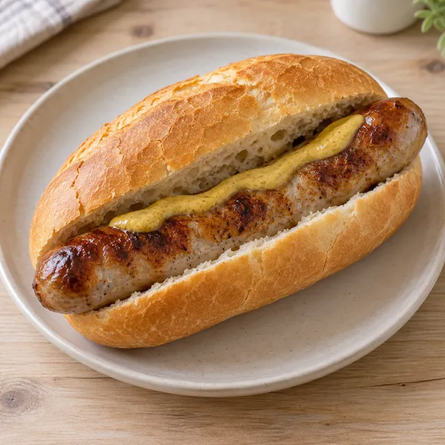Goldbraune Bratwurst mit gelbem Senf in einem aufgeschnittenen Weizenbrötchen