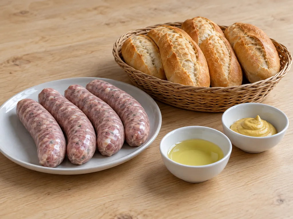 Vier rohe Bratwürste, vier Weizenbrötchen, Rapsöl und mittelscharfer Senf