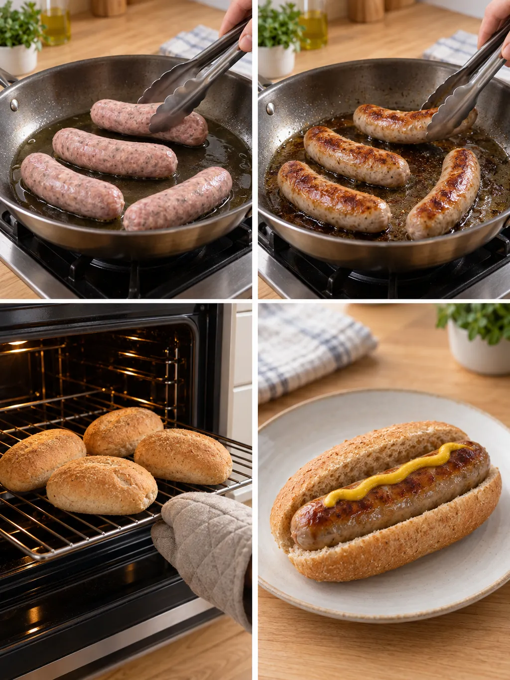 Bratwürste braten, Brötchen erwärmen und die fertige Bratwurst mit Senf servieren