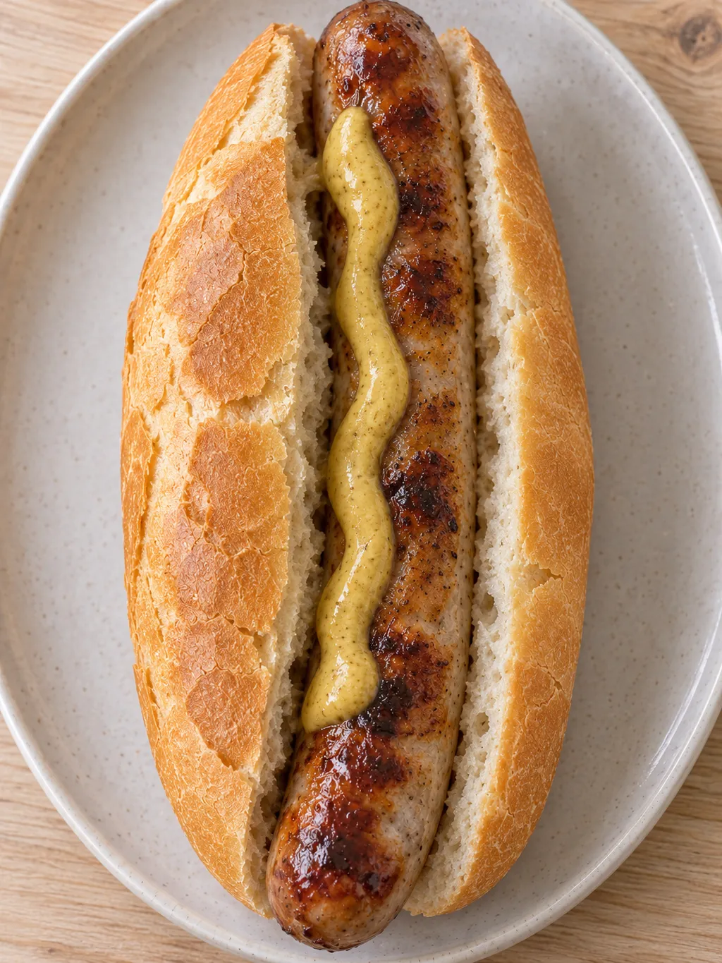 Bratwurst im knusprigen Weizenbrötchen mit einem gelben Senfstrich