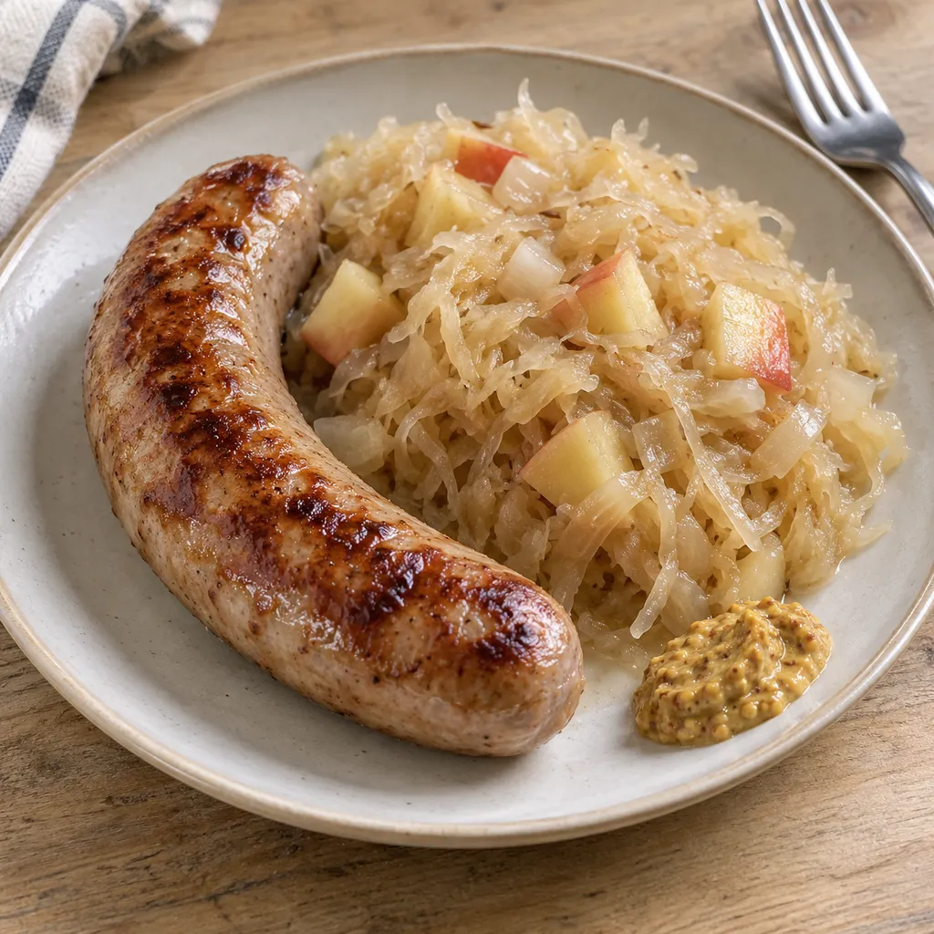 Goldbraune Bratwurst neben Apfel-Sauerkraut und einem kleinen Klecks Senf
