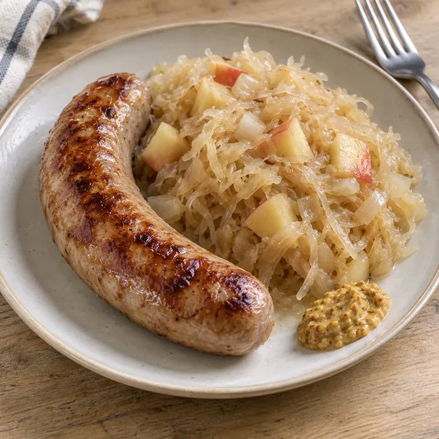 Goldbraune Bratwurst neben Apfel-Sauerkraut und einem kleinen Klecks Senf
