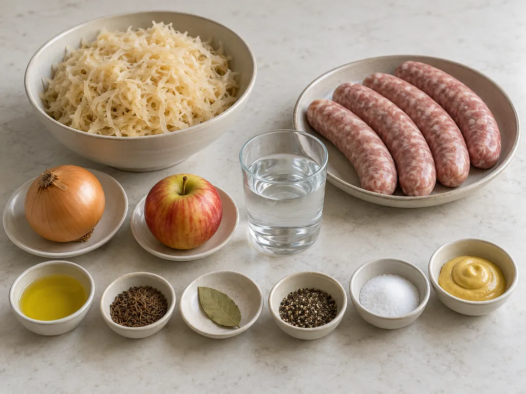 Bratwürste, Sauerkraut, Apfel, Zwiebel, Öl, Gewürze und Senf getrennt bereitgestellt