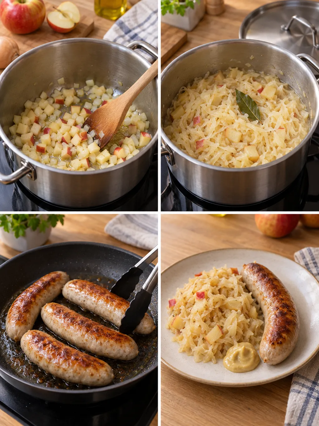 Zwiebel und Apfel dünsten, Sauerkraut schmoren, Bratwürste braten und fertig anrichten