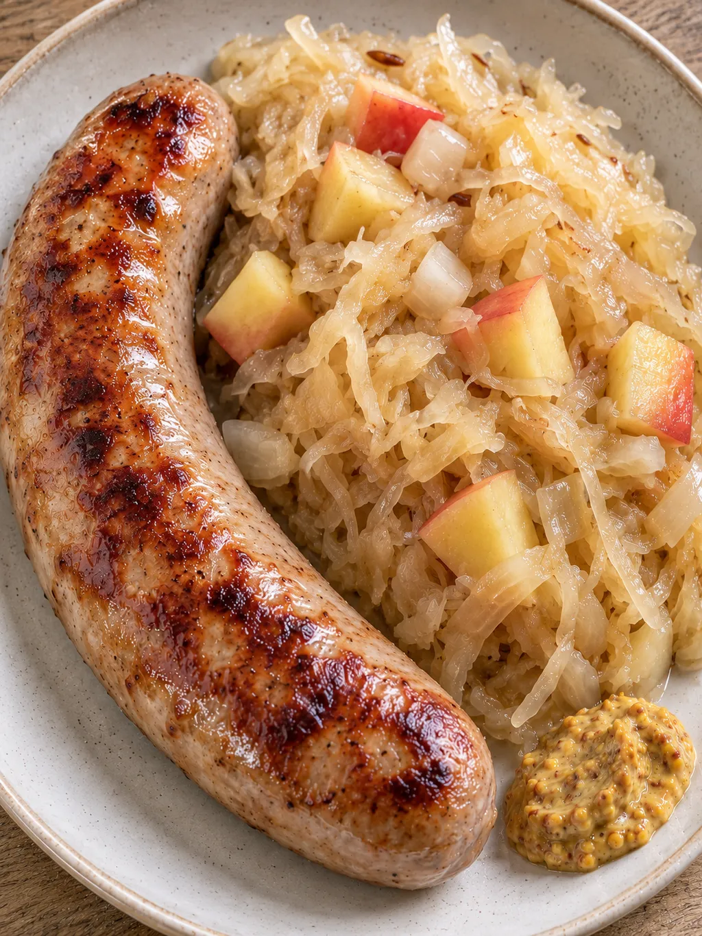Bratwurst mit gebräunter Hülle, saftigem Apfel-Sauerkraut und Senf auf hellem Teller