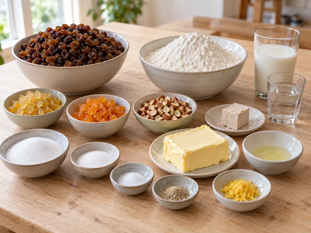 Sultaninen, Zitronat, Orangeat, Mandeln und Zutaten für den Butterhefeteig