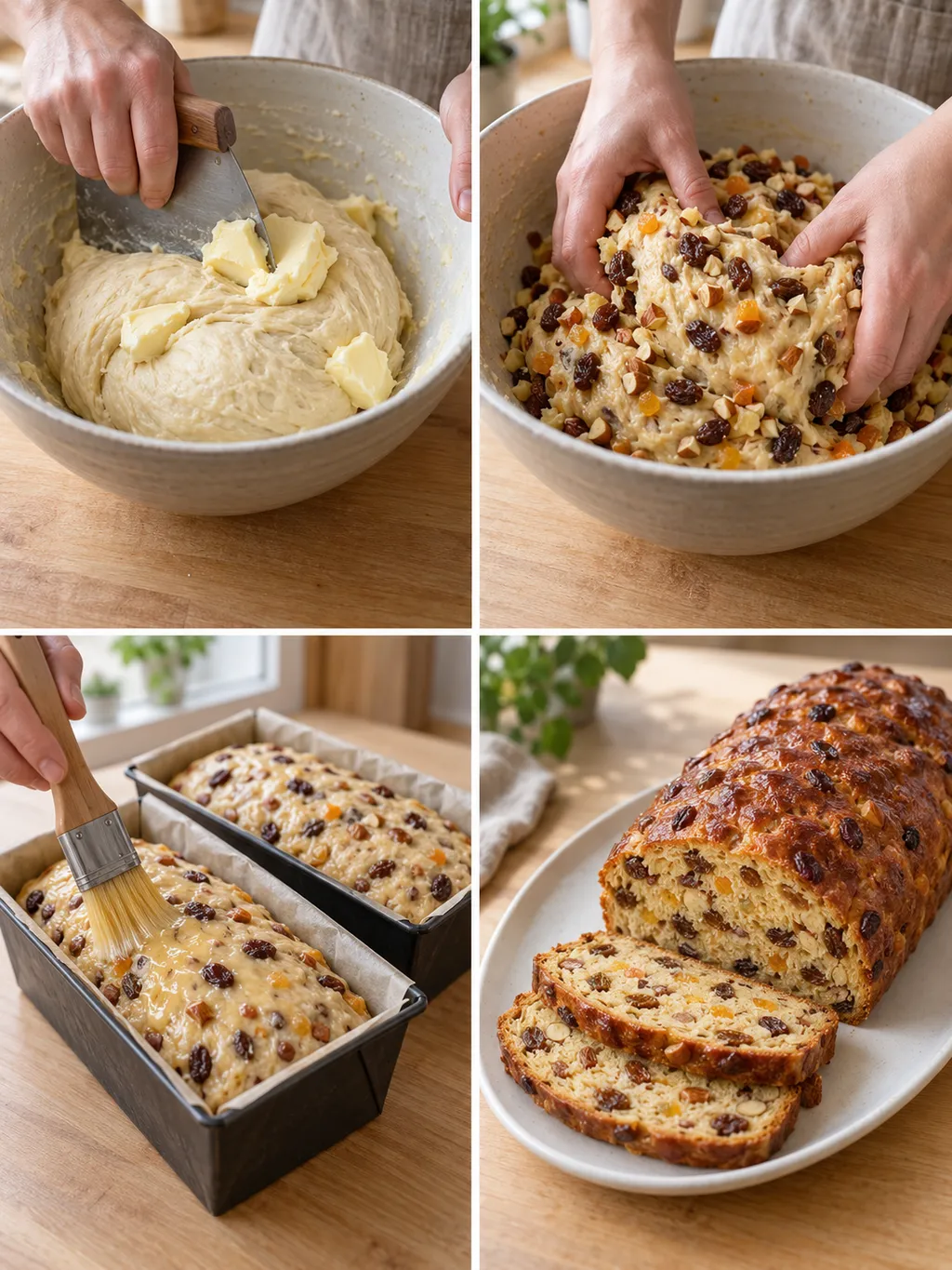 Butter einarbeiten, Früchte unterheben, Klaben bestreichen und fertige Scheiben servieren