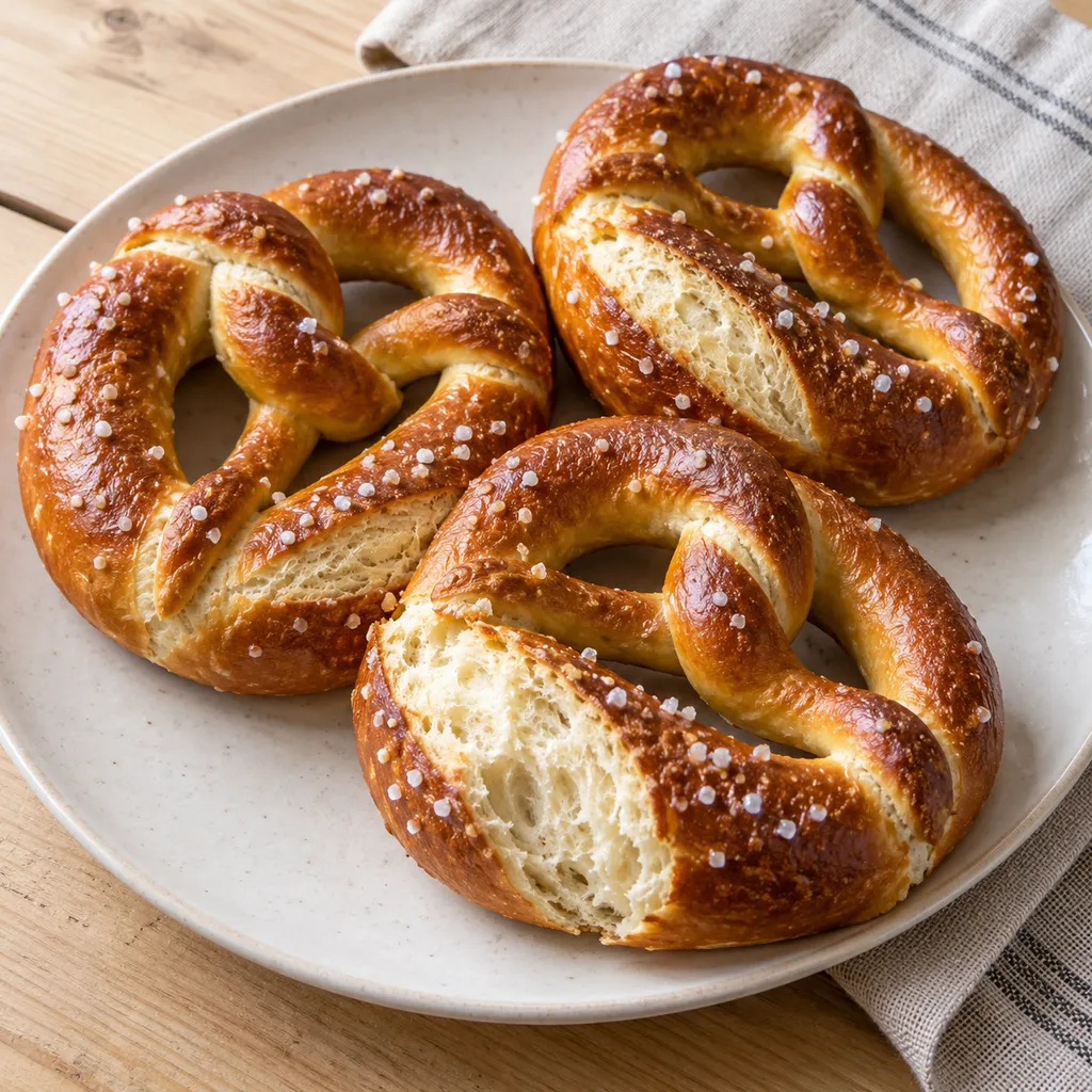 Goldbraune Brezeln mit grobem Salz, heller Schnittnaht und weicher Krume