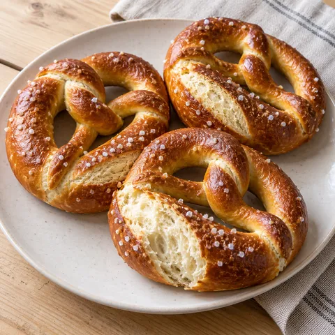 Goldbraune Brezeln mit grobem Salz, heller Schnittnaht und weicher Krume