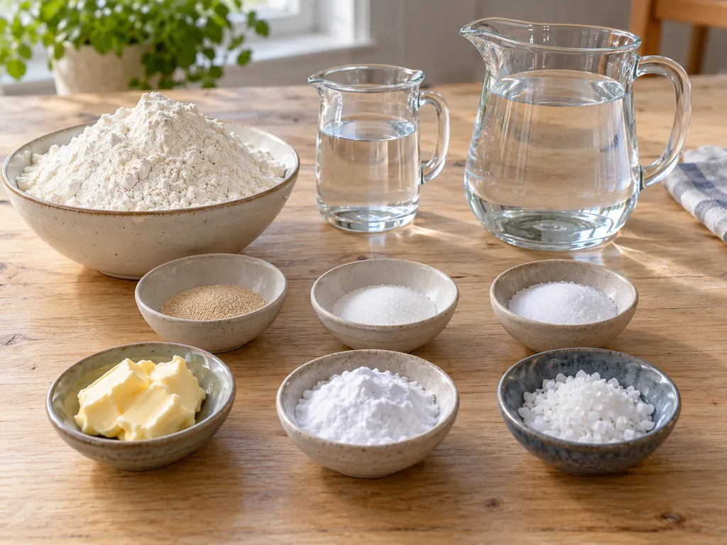 Mehl, Hefe, Zucker, Butter, zwei Salzsorten, Speisenatron und Wasser für Brezeln