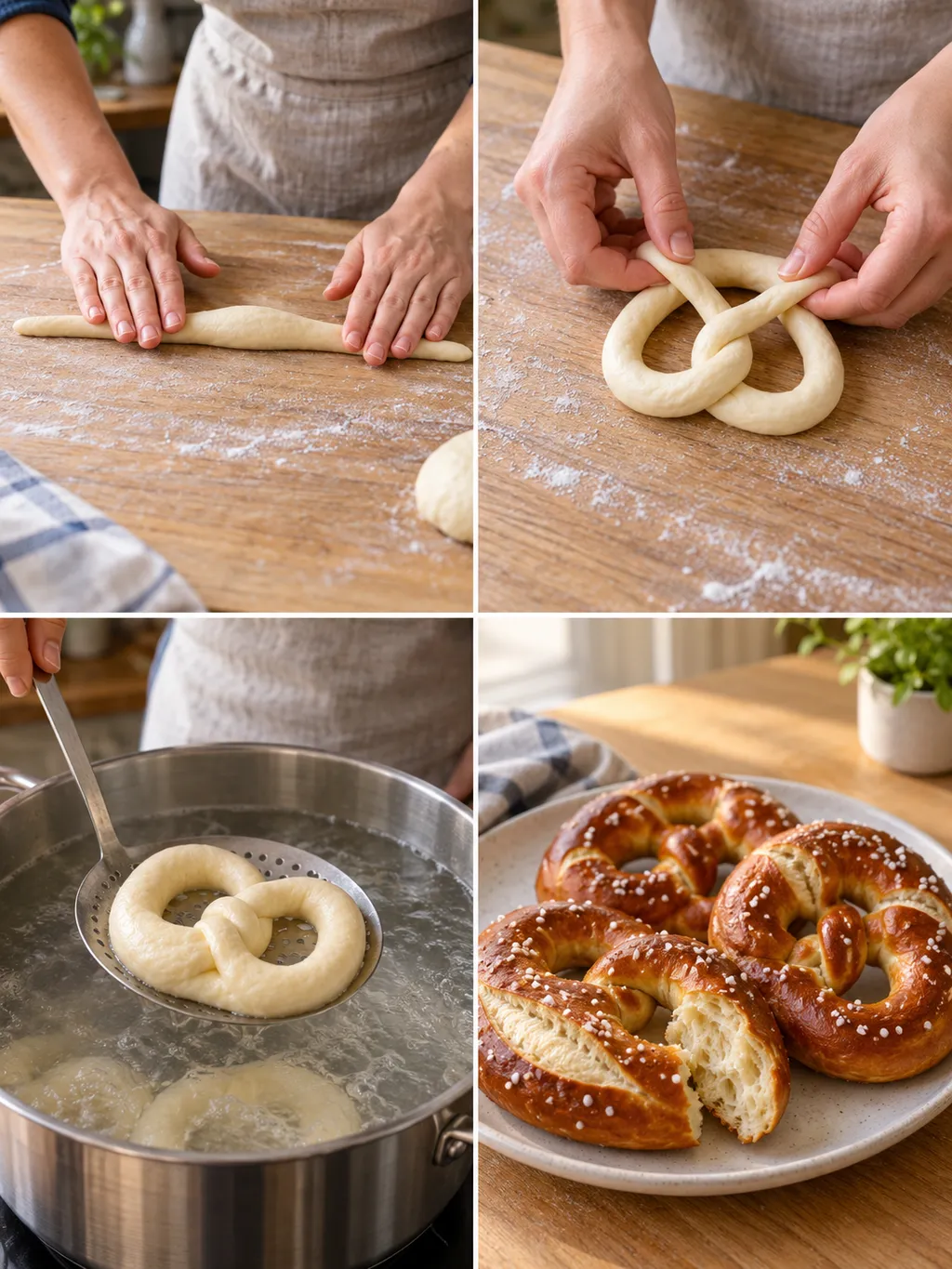 Brezelteig rollen, Brezeln schlingen, im Natronbad baden und fertig gebacken servieren