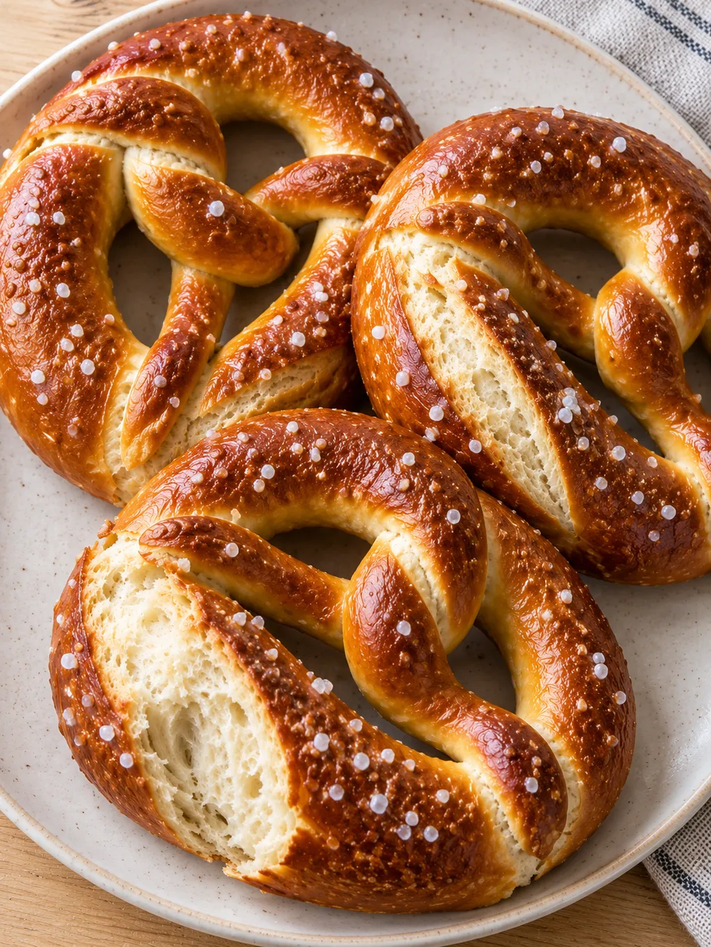 Drei goldbraune Brezeln mit grobem Salz und aufgebrochenem weichem Bauch