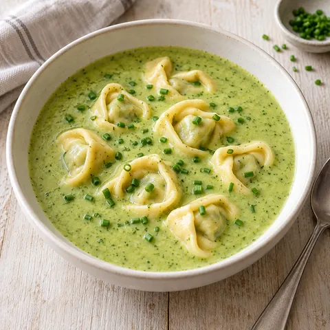 Hellgrüne Brokkoli-Cremesuppe mit Spinat-Ricotta-Tortellini und Schnittlauch