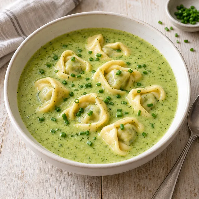 Hellgrüne Brokkoli-Cremesuppe mit Spinat-Ricotta-Tortellini und Schnittlauch