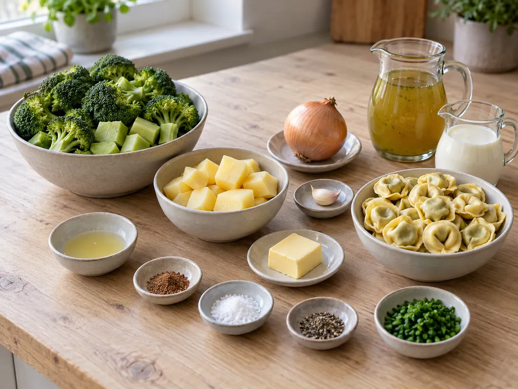 Brokkoli, Kartoffel, Tortellini, Sahne und weitere Zutaten für die Cremesuppe