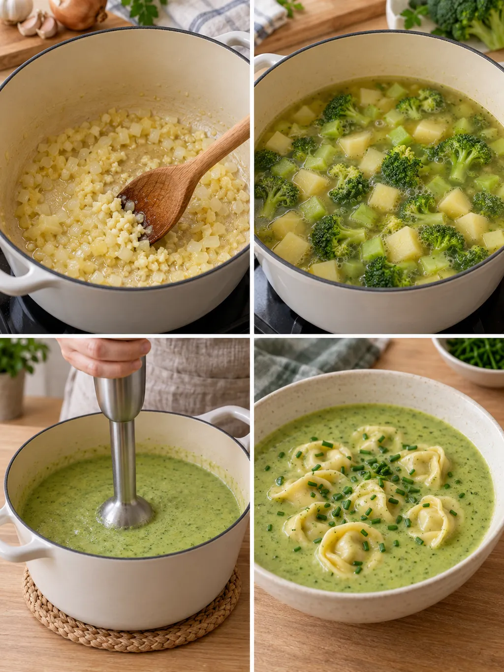 Zwiebeln anschwitzen, Brokkoli garen, Suppe pürieren und mit Tortellini servieren