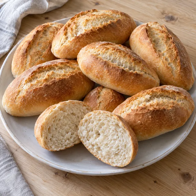 Goldbraune Weizenbrötchen mit Längsschnitt und heller Krume auf einem Keramikteller