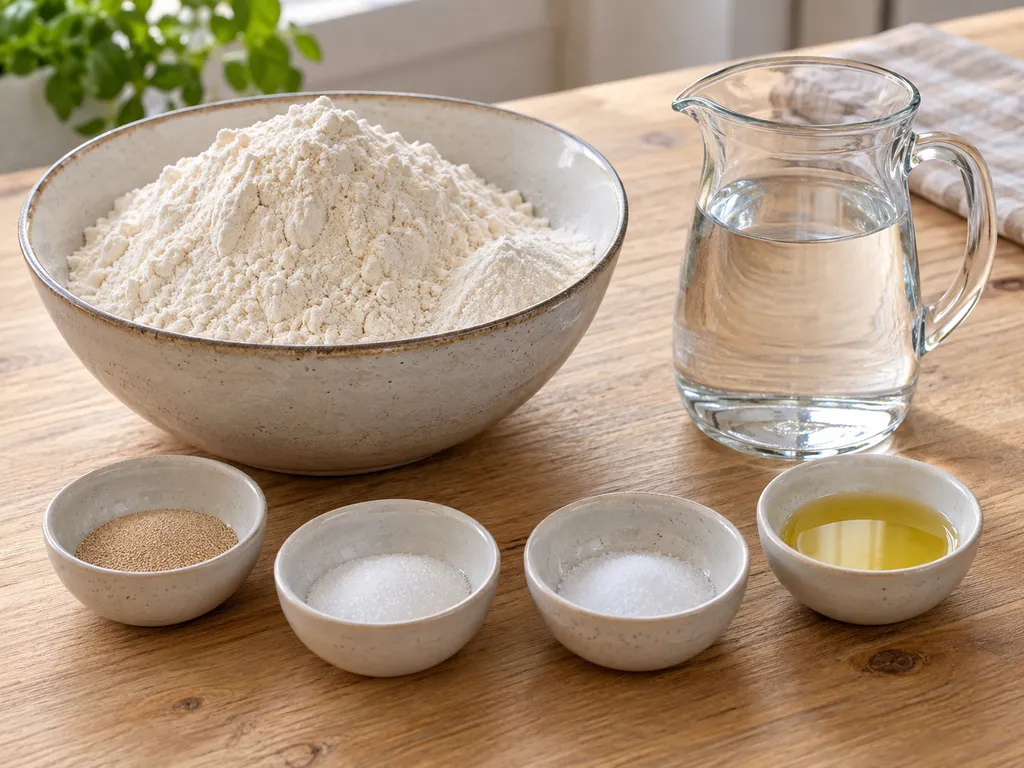 Mehl, Wasser, Trockenhefe, Zucker, Salz und Rapsöl für selbst gebackene Brötchen