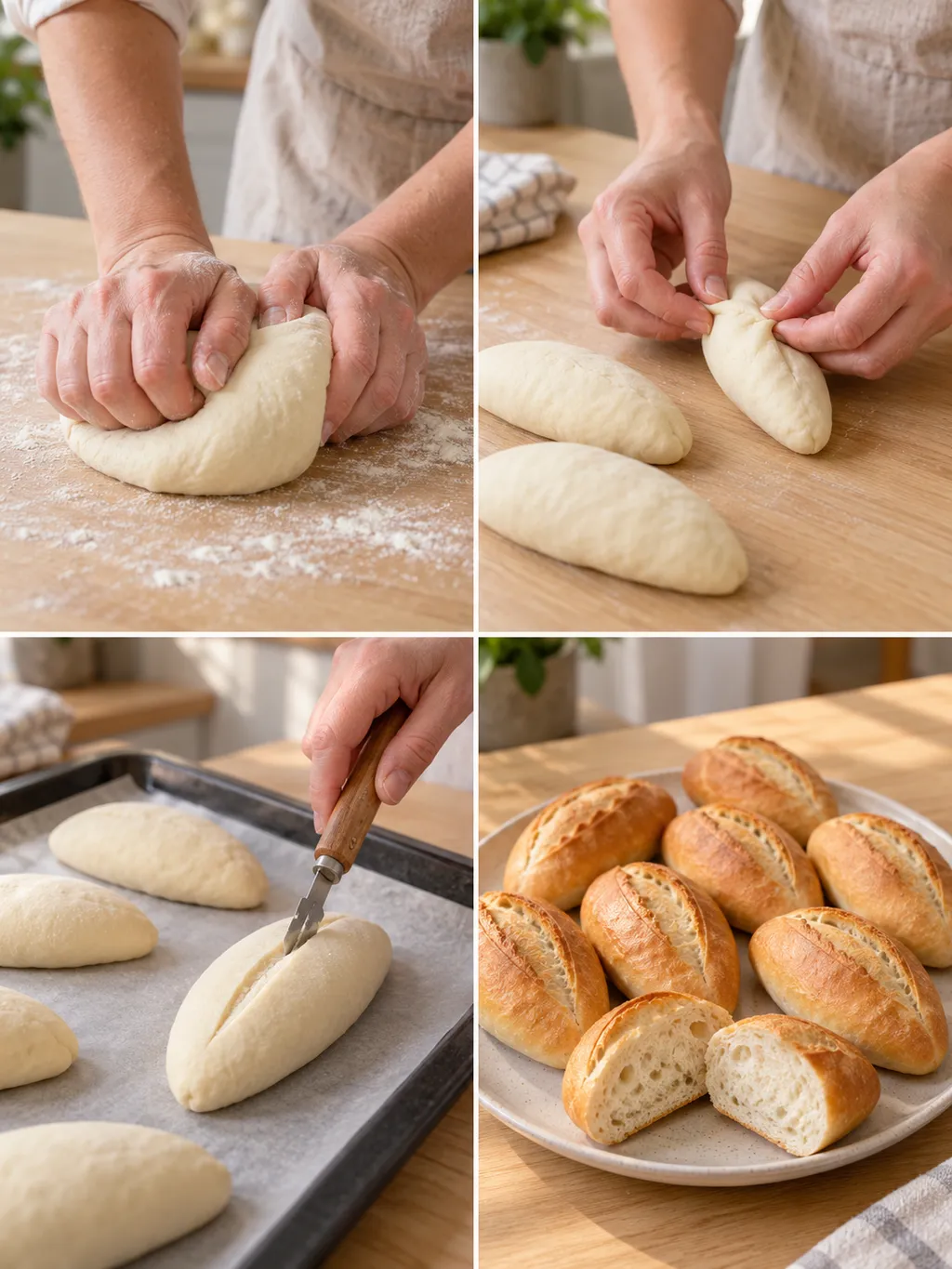 Brötchenteig kneten, formen und einschneiden sowie fertig gebackene Weizenbrötchen