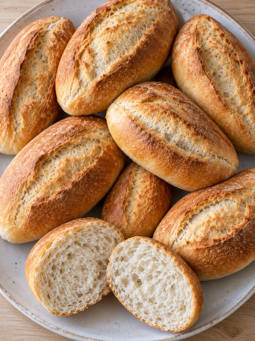 Knusprige längliche Brötchen mit goldbrauner Kruste und aufgeschnittener heller Krume