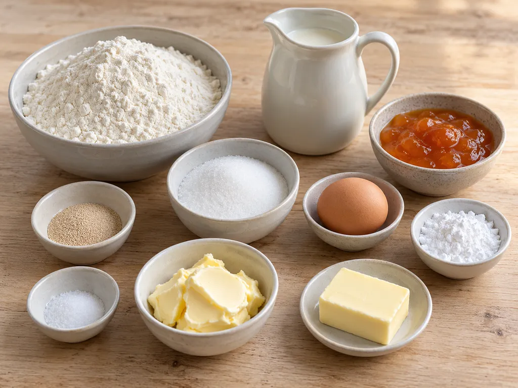 Mehl, Hefe, Milch, Ei, Butter, Zucker und Aprikosenkonfitüre für Buchteln