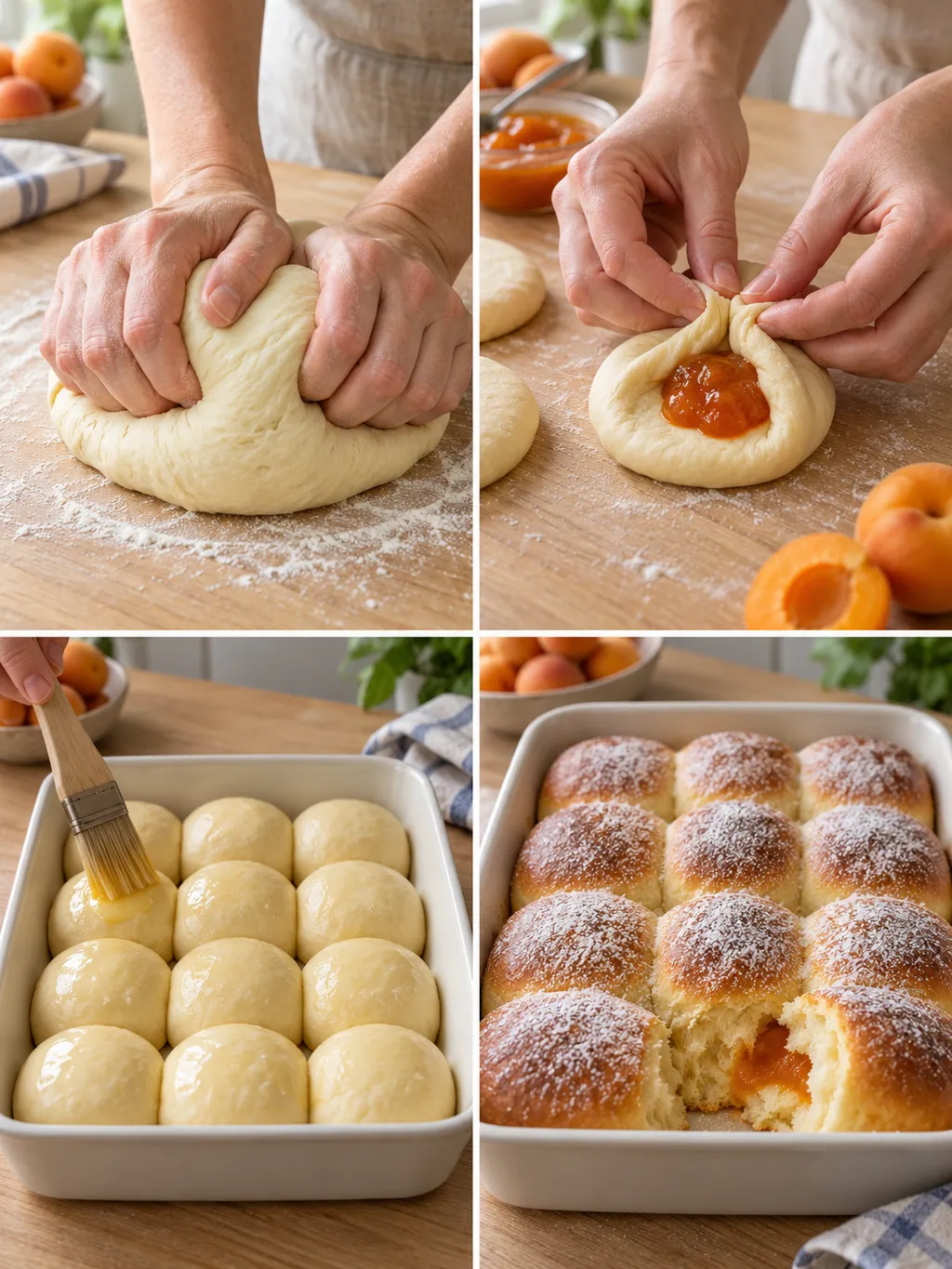 Buchteln beim Kneten, Füllen und Bestreichen sowie fertig gebacken mit Puderzucker