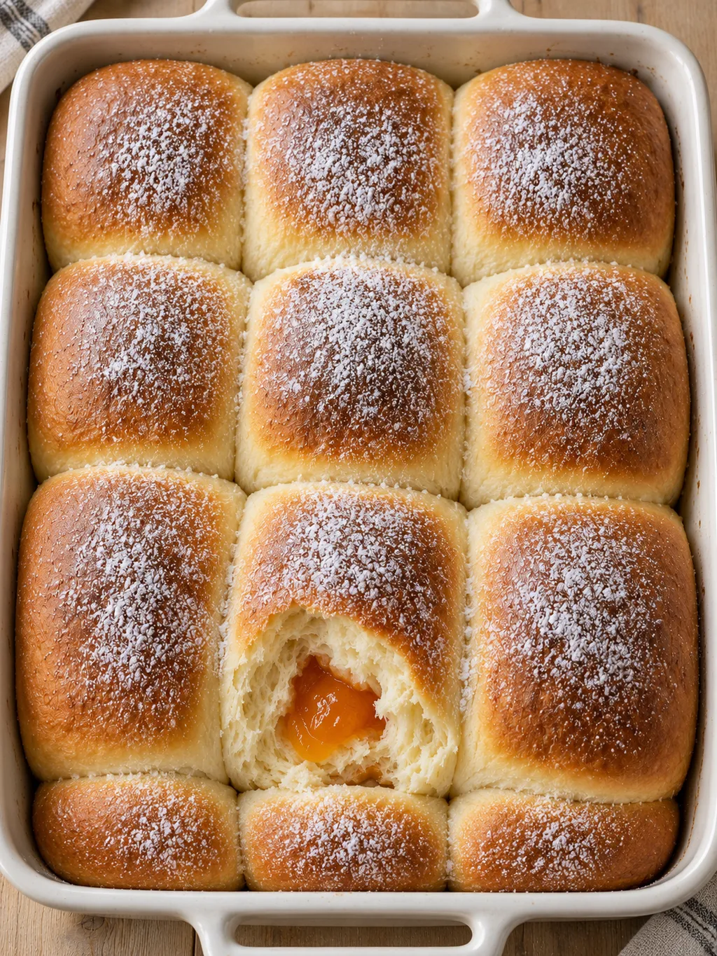 Buchteln mit goldbrauner Kruste, Puderzucker und orangefarbener Aprikosenfüllung
