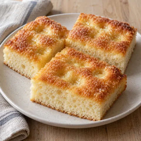 Butterkuchenstücke mit goldener Zuckerkruste und saftigen Butter-Zucker-Mulden