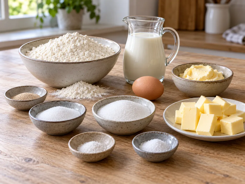 Mehl, Hefe, Milch, Ei, Butter, Zucker, Vanillezucker und Salz für Butterkuchen