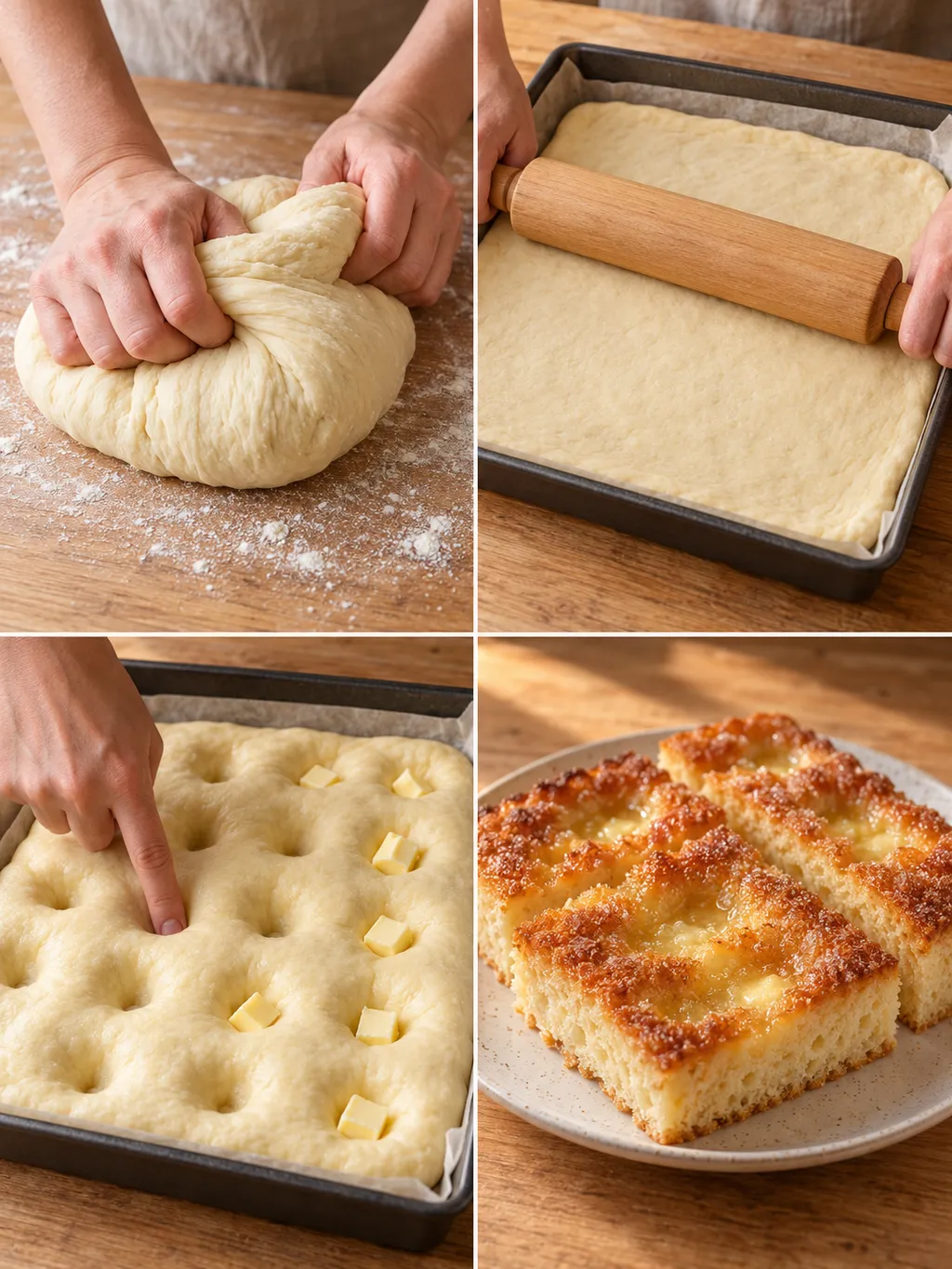 Butterkuchenteig beim Kneten, Ausrollen und Muldenformen sowie fertig gebackene Stücke