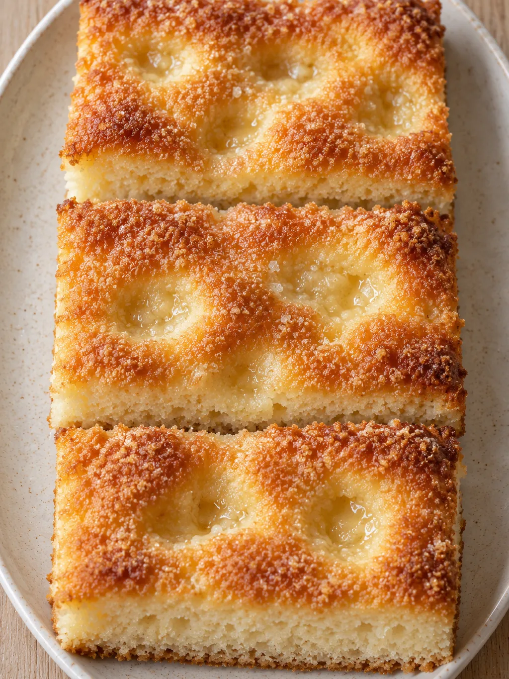 Goldgelber Butterkuchen mit tiefen Butter-Zucker-Mulden auf einem hellen Teller