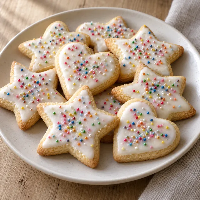 Butterplätzchen als Sterne und Herzen mit weißem Zuckerguss und bunten Streuseln