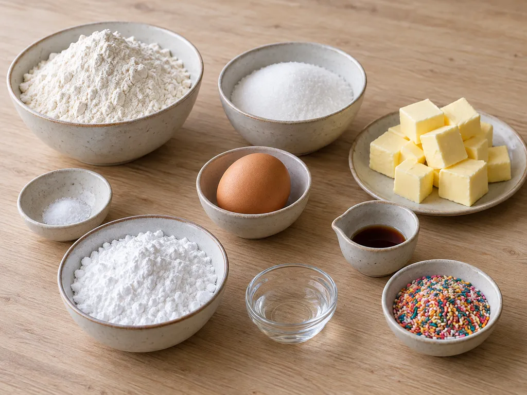 Mehl, Butter, Zucker, Ei, Vanille und Zutaten für Zuckerguss mit bunten Streuseln