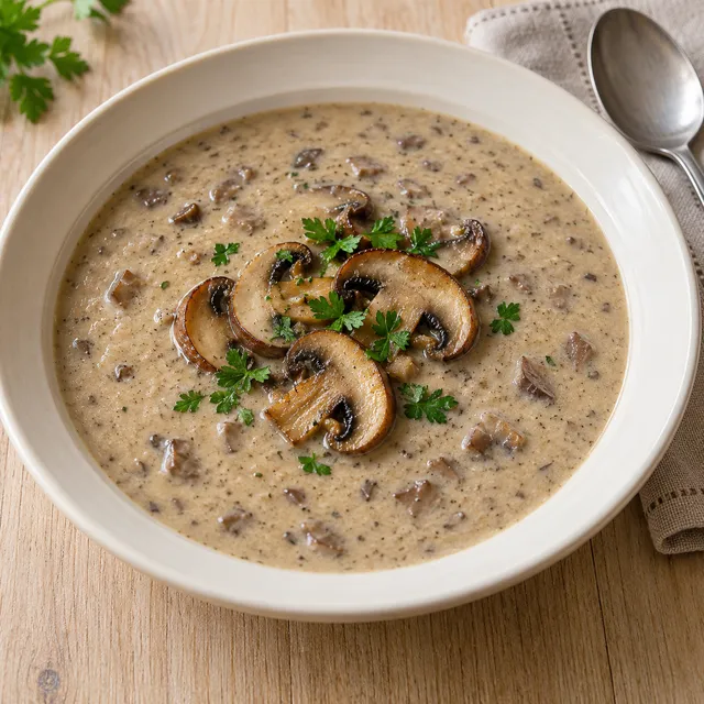 Cremige Champignonsuppe mit gebratenen Pilzscheiben und Petersilie in einer hellen Schale