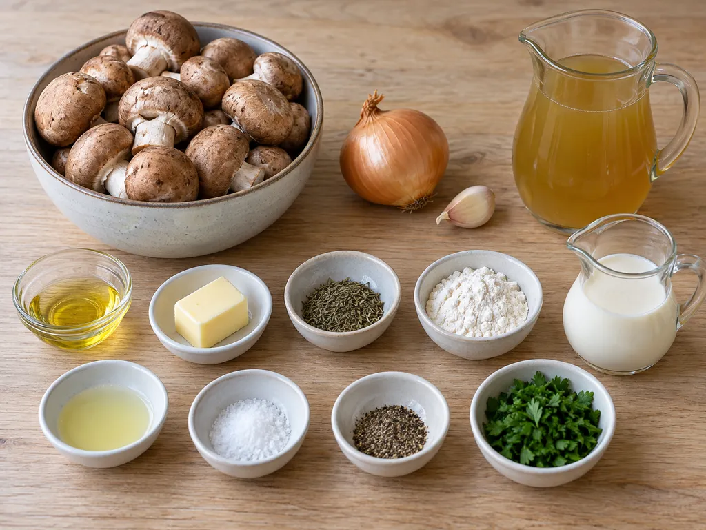 Champignons, Zwiebel, Butter, Mehl, Brühe, Sahne und weitere Zutaten für Champignonsuppe