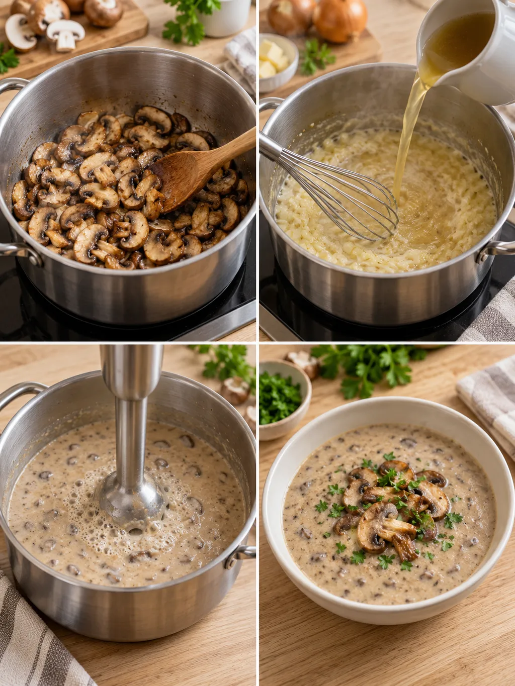 Champignons anbraten, Brühe einrühren, Suppe pürieren und mit Pilzen sowie Petersilie servieren